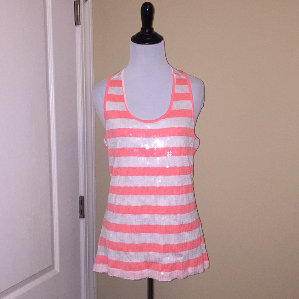 Coral striped sequin tank